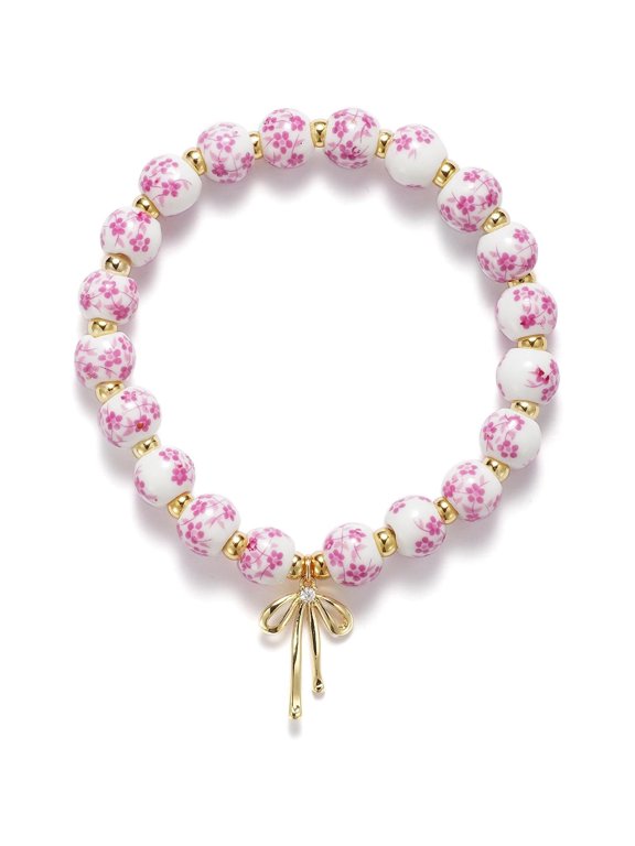 Bow Charm Ceramic Bracelet for Woman, Pink and White, Gold Bow Charm