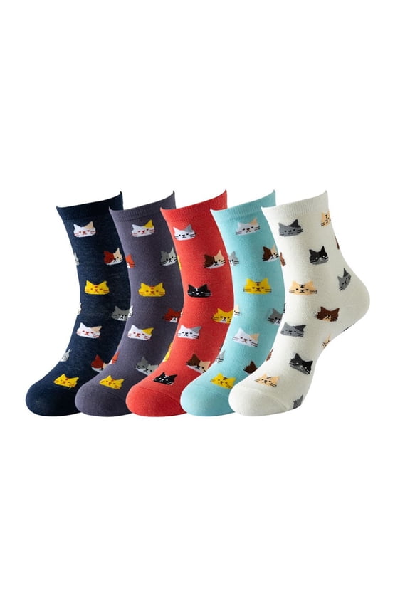 Cat Face Pattern Socks for Women,Cute Animal Funny,One Size for All, 5 Pairs