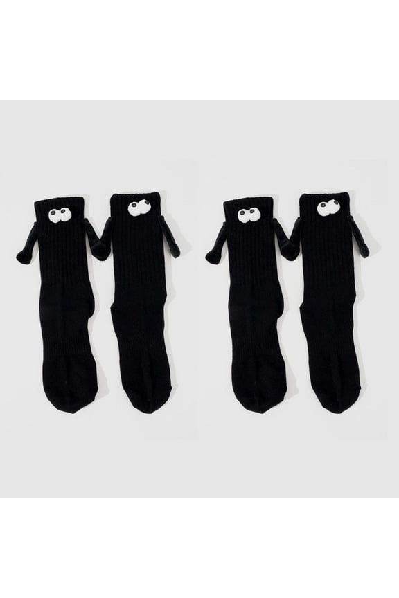 Cute Hand in Hand Socks, Magnetic Handle, Black, 2 Pairs