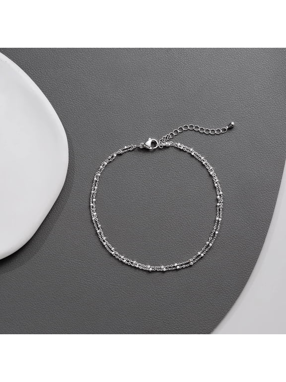 Double Chain Sliver Anklets for Woman, Stainless Steel, 7.9 inches