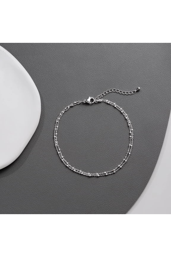 Double Chain Sliver Anklets for Woman, Stainless Steel, 7.9 inches