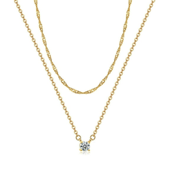 FARONZE Minimalist Double-Layer Zircon Necklace Set for Women, Removable, Gold, 17.7/15 inches.