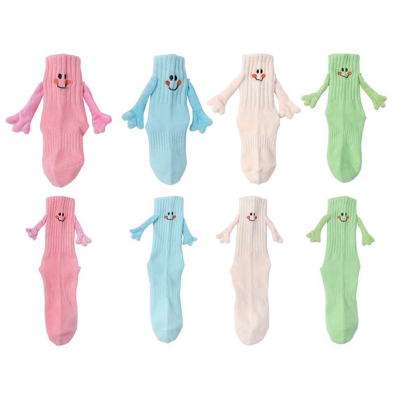 FARONZE Multicolor Smiling Face Cute Hand in Hand Socks for Women, Magnetic Handle,One Size for All, 4 pairs