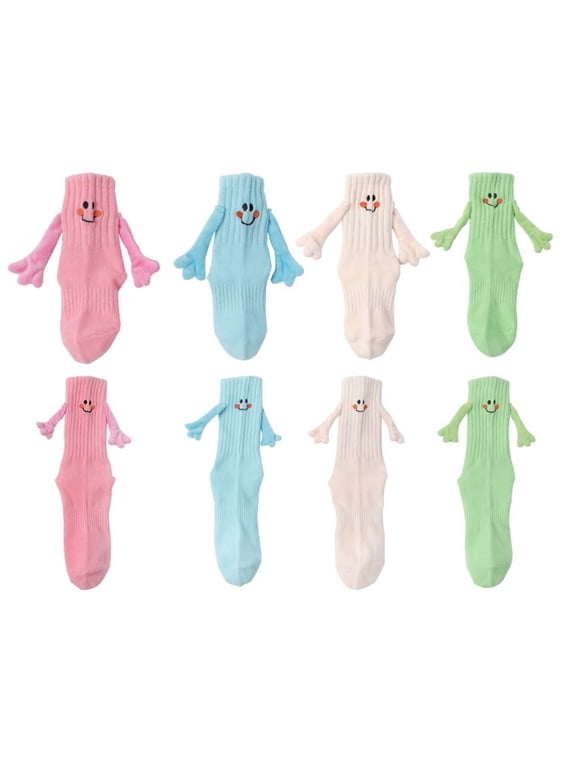 Multicolor Smiling Face Cute Hand in Hand Socks for Women, Magnetic Handle,One Size for All, 4 pairs