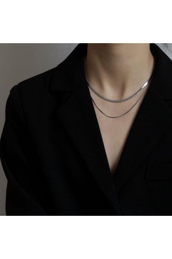 Snake Bone Necklace for Woman, sliver Titanium Steel, Double Layer, 17.7 Inches