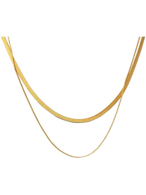 Snake Bone Gold Necklace for Woman, 18k Gold Plated Titanium Steel, Double Layer, 17.7 Inches
