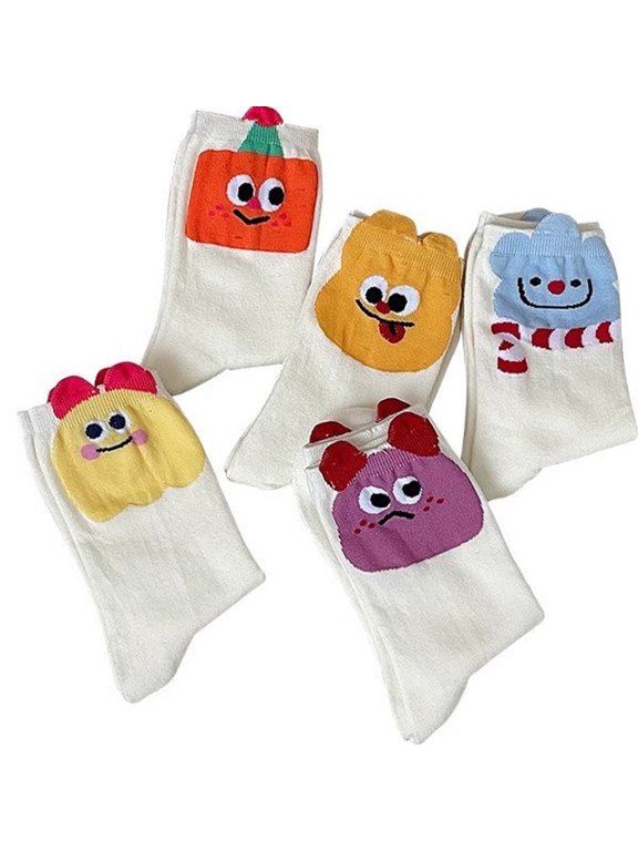 White Cartoon Faces Cute Quirky Cotton Socks for Women, 5 Pairs
