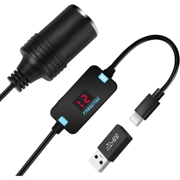 FARSENSE USB A to 12V Cigarette Lighter Adapter(36W)-USB C Male to Cigarette Lighter Female Socket PD Trigger Cable(2FT) with Switching Voltage and Display Voltage,for Dash Cam,GPS,Etc