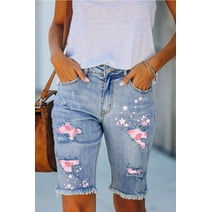 FARYSAYS Bermuda Jean Shorts for Women Floral Print Patchwork Distressed Ripped Denim Bermuda Shorts Sky Blue