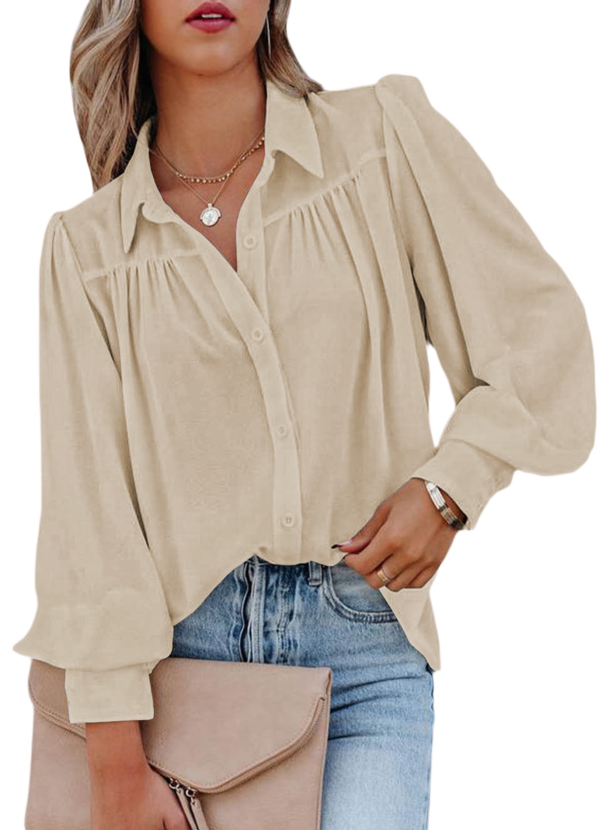 FARYSAYS Button Down Shirts for women dressy Casual Long Sleeve Shirts for Women  Blouses and Tops Fashion V Neck Summer Long Sleeve Blouses for Ladies 