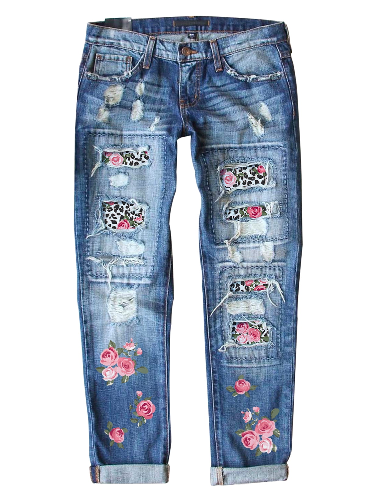 FARYSAYS Women Jeans Stretchy Sunflower Leopard Print Ripped Jeans Button-Zipper Straight Leg Ankle Jeans with Pockets in Front - Walmart.com
