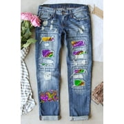 FARYSAYS Graphic Print Ripped Jeans for Women Boyfriend Jeans Loose Stretchy Distressed Denim Pants Petite Pants Mom Jeans High Waisted Baggy Petite