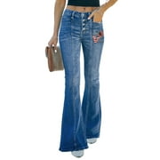 FARYSAYS Women's Flare Bell Bottom Jeans Wide Leg Jeans Button High Waist Bootcut Pants with Pocket Stretchy Denim Pants Petite