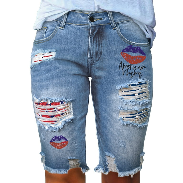 FARYSAYS Jean Shorts Womens Casual Knee Length Pants Jeans Shorts Mid Rise Zip Fly Button Closure Ripped Denim Bermuda Shorts Distressed Denim Shorts Patches Sky Blue Size 6 Walmart