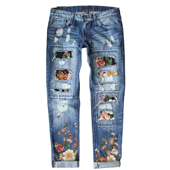 FARYSAYS Jeans for Womens Ripped Floral Patchwork Jeans Destroyed Slim Fit Denim Pants Size S-2XL