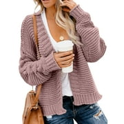 FARYSAYS Ladies Casual Sweater Coat Long Sleeve Chunky Knit Open Front Cardigan Batwing Sleeve Cardigan Petite Solid Color Size M