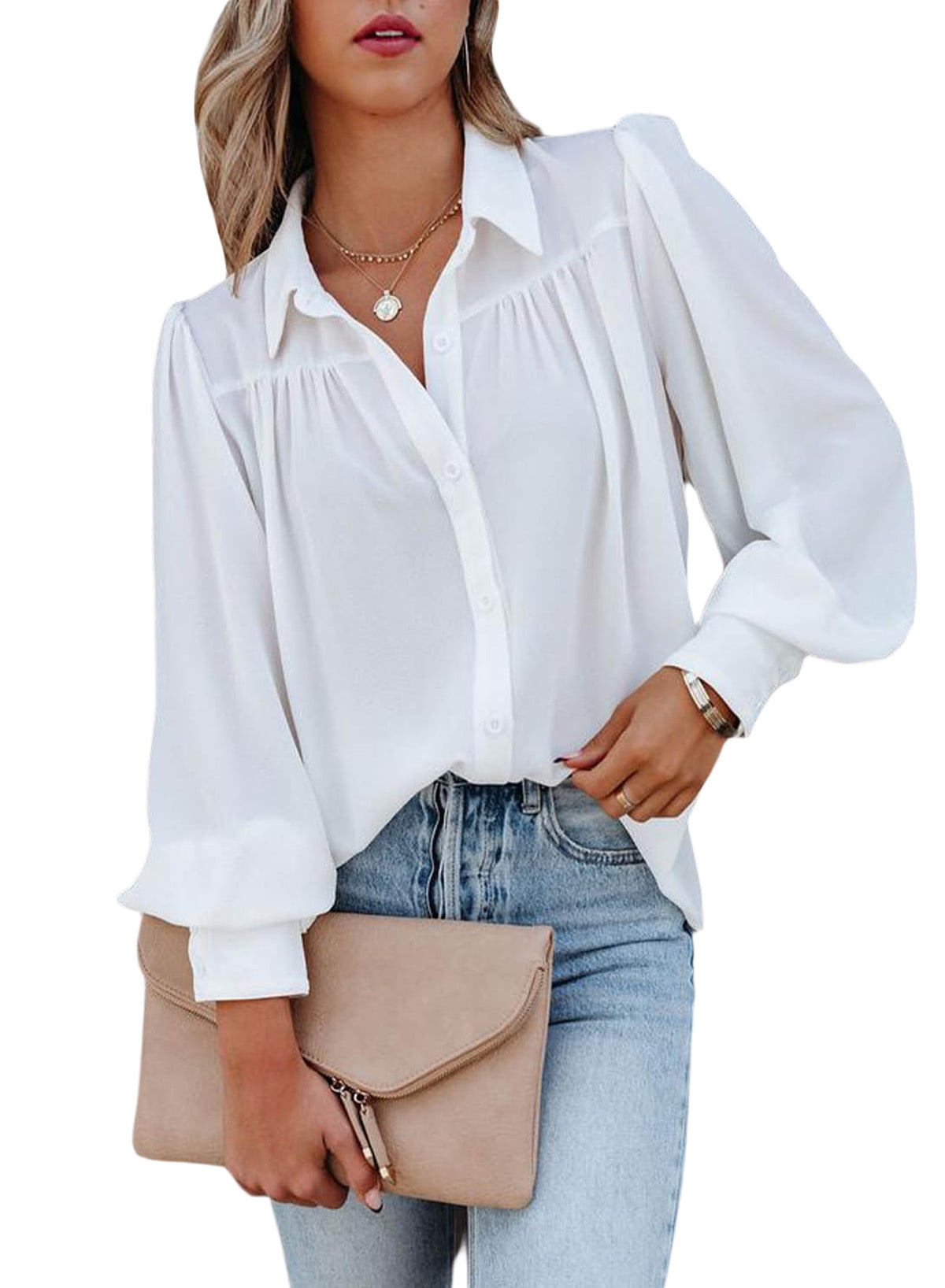 FARYSAYS Long Sleeve White Blouse for Womens Flowy Tops White Button ...