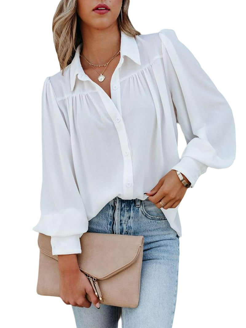 FARYSAYS Women's White Flowy Long Sleeve Tunic Dressy Casual