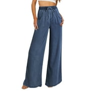 FARYSAYS Summer Jeans for Women Wide Leg Jeans Drawstring High Waisted Loose Denim Pants Loose Denim Trousers Lightweight Jeans