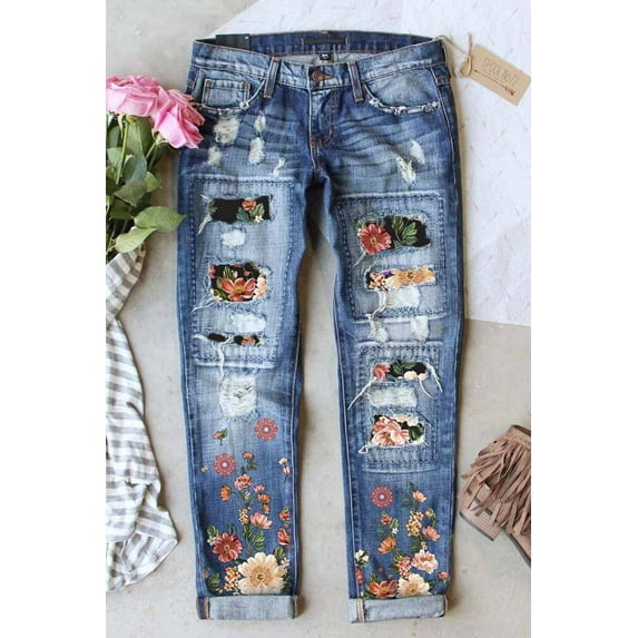 FARYSAYS Tummy Control Jeans for Women's Ripped Boyfriend Jeans Distressed Stretch Floral Patches Womens Straight Leg Jeans Size 18