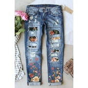 FARYSAYS Tummy Control Jeans for Women's Ripped Boyfriend Jeans Distressed Stretch Floral Patches Womens Straight Leg Jeans Size L