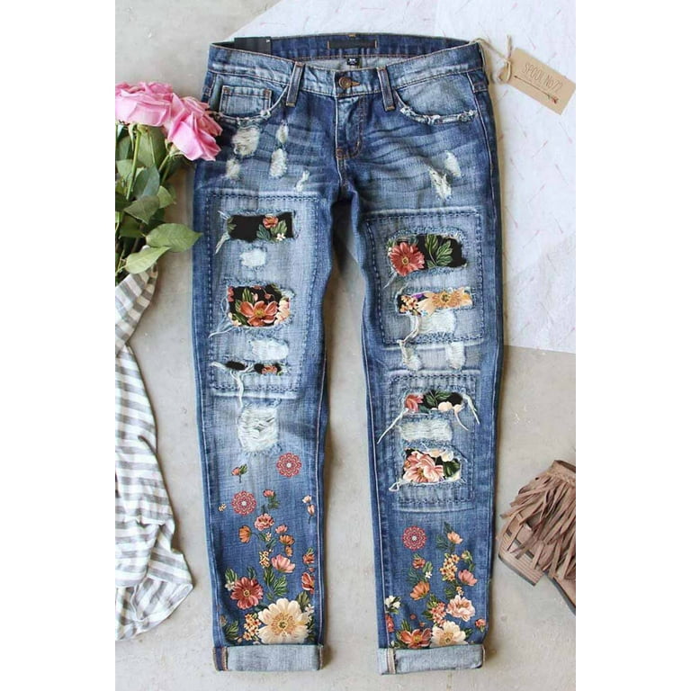 FARYSAYS Tummy Control Jeans for Women's Ripped Boyfriend Jeans Distressed  Stretch Floral Patches Womens Straight Leg Jeans Size XL