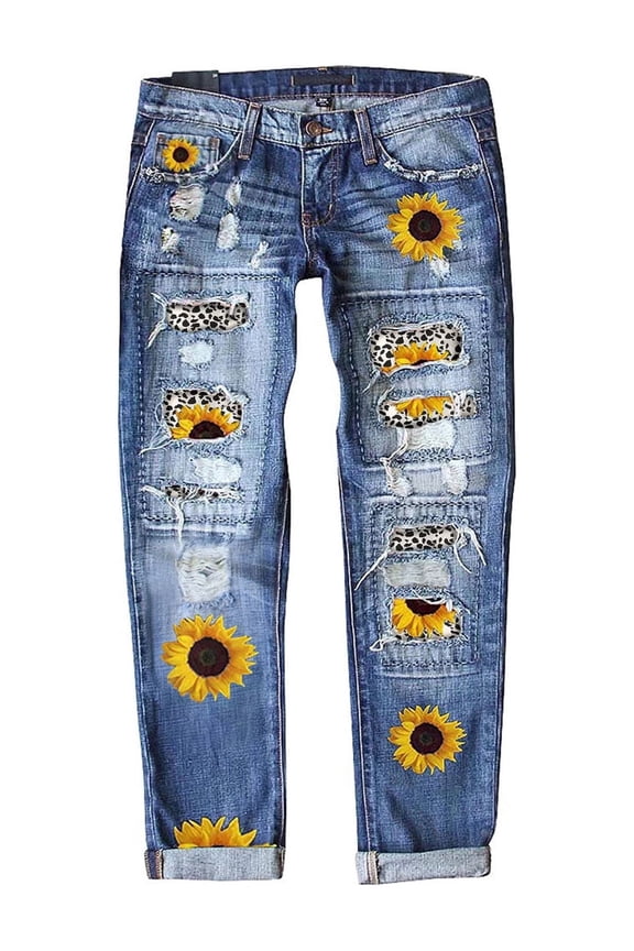 Women Jeans Stretchy Sunflower Leopard Pattern Print Ripped Jeans Button-Zipper Straight Leg Ankle Jeans with Pockets in Front