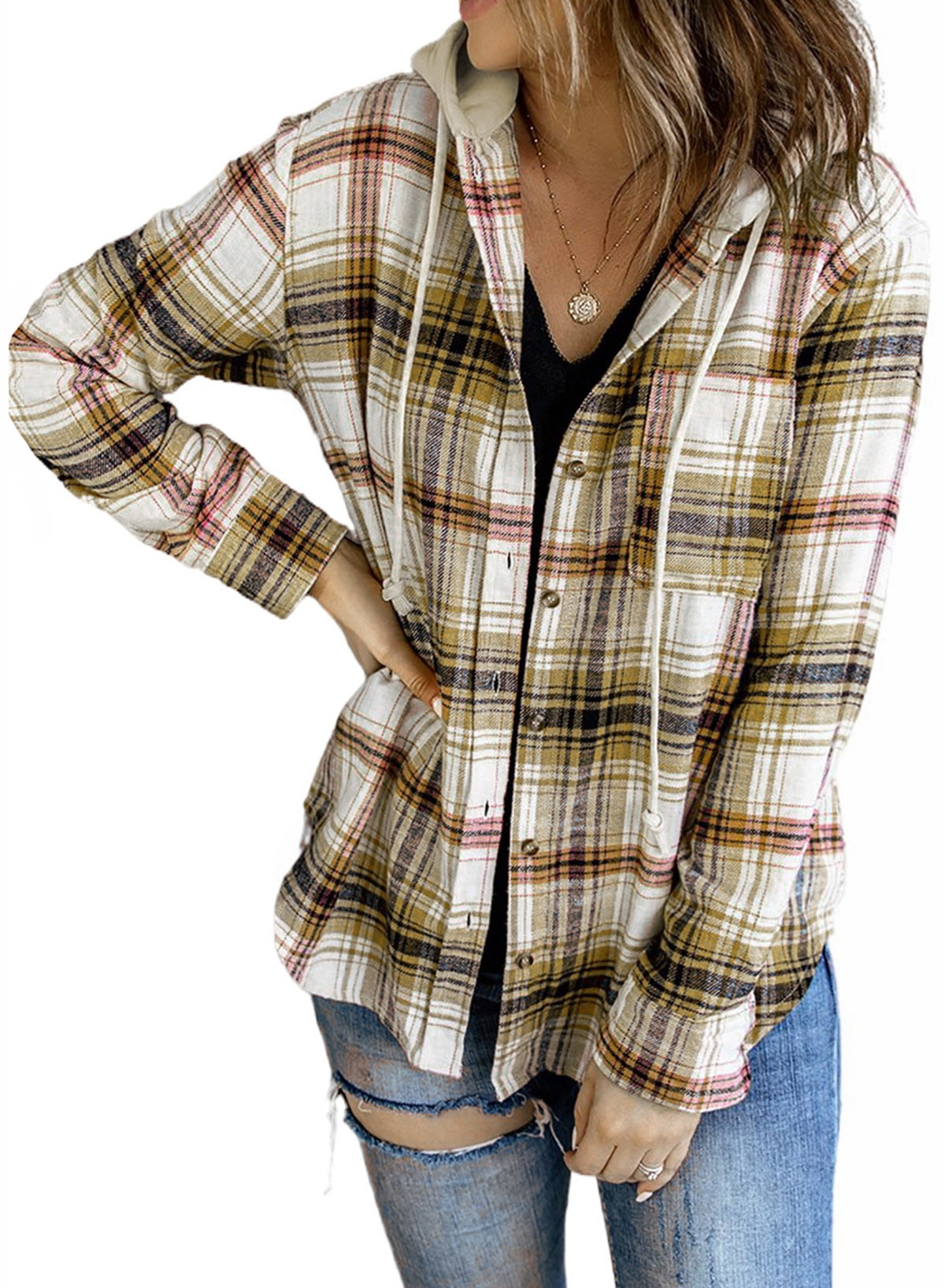 FARYSAYS Women's Jacket with Hood Fall Plaid Hooded Shacket Shirt ...