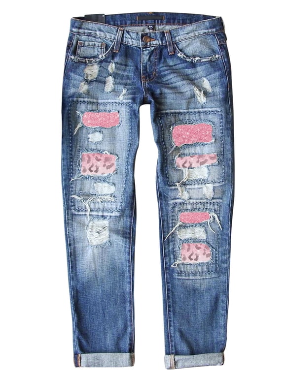 Women's Loose Boyfriend Jeans Stretchy Ripped Distressed Denim Pants with Graphic Patchwork Designs Mom Jeans