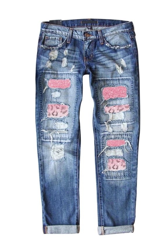 Women's Loose Boyfriend Jeans Stretchy Ripped Distressed Denim Pants with Graphic Patchwork Designs Mom Jeans