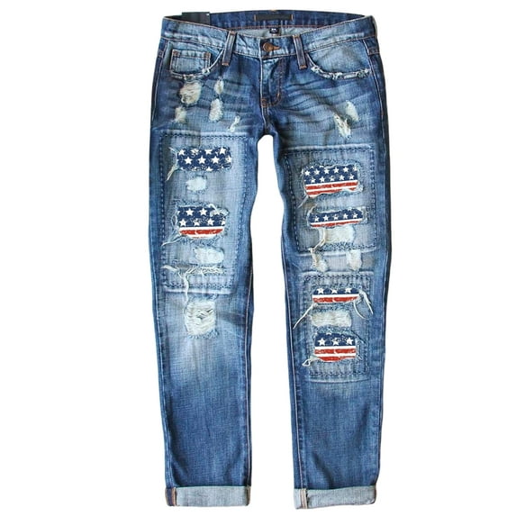 FARYSAYS Women's Ripped Boyfriend Jeans American Flag Distressed Stretch Patchwork Jeans for Women Size 14