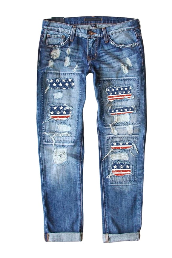 Women's Ripped Boyfriend Jeans American Flag Distressed Stretch Patchwork Jeans for Women Size S