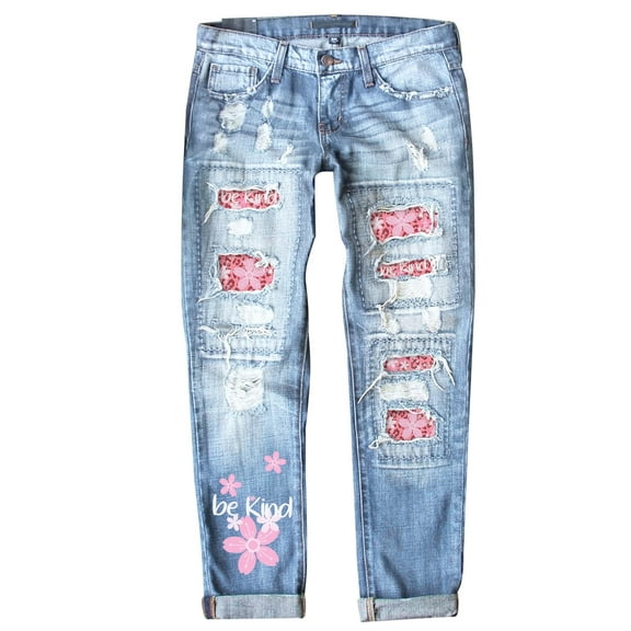 FARYSAYS Women's Rose Printed Jeans for Women Trendy Patchwork Jeans Stretch Jeans for Womem Denim Pants Ripped Denim Jeggings