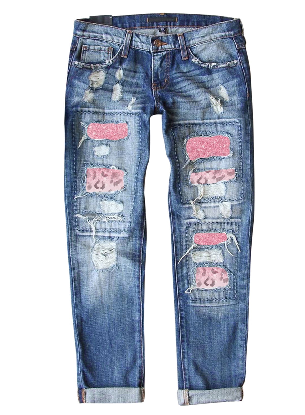 Womens Jeans Distressed Ladies Jeans Boyfriend Jeans for Women Trendy Patchwork Denim Pants Straight Leg Jeggings Stretch