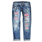 FARYSAYS Tummy Control Jeans for Women's Ripped Boyfriend Jeans Distressed Stretch Floral Patches Womens Straight Leg Jeans Size L
