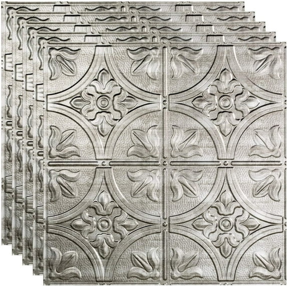 FASÄDE Traditional Style/Pattern 2 Decorative Vinyl 2ft x 2ft Lay in Ceiling Panel in Crosshatch Silver (5 Pack)
