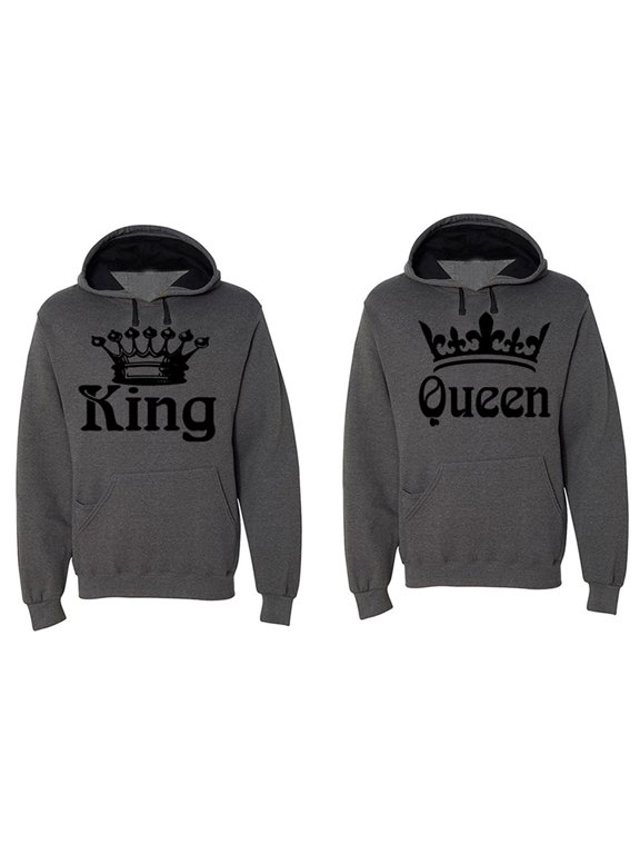 - Matching His & Hers Couple Hooded Sofspun Sweatshirt Contrast hood Set - King and Queen (Black Print)