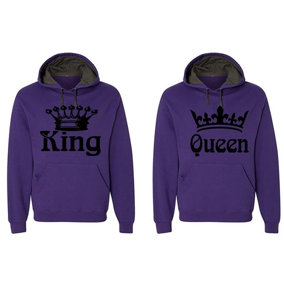 FASCIINO - Matching His & Hers Couple Hooded Sofspun Sweatshirt Contrast hood Set - King and Queen (Black Print)