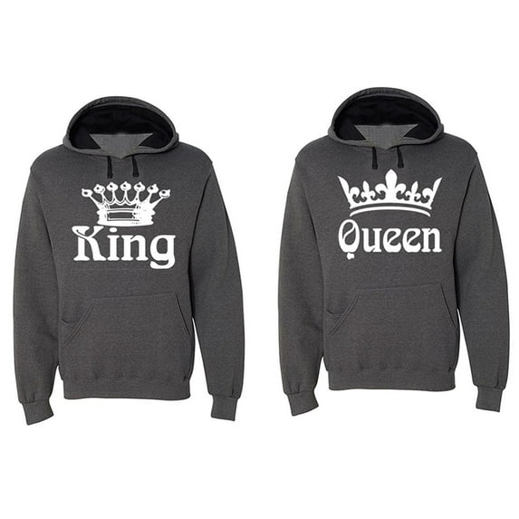 FASCIINO Matching His & Hers Couple Hooded Sofspun Sweatshirt Contrast hood Set - King and Queen (White Print)