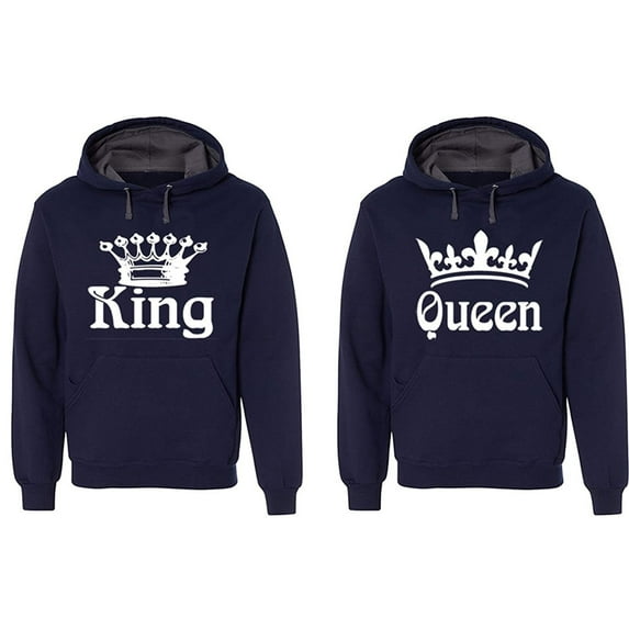 FASCIINO Matching His & Hers Couple Hooded Sofspun Sweatshirt Contrast hood Set - King and Queen (White Print)