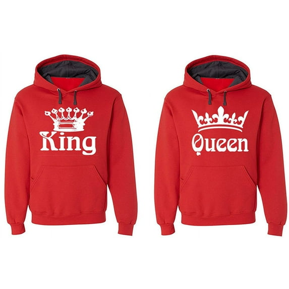FASCIINO Matching His & Hers Couple Hooded Sofspun Sweatshirt Contrast hood Set - King and Queen (White Print)