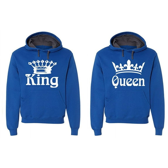 FASCIINO Matching His & Hers Couple Hooded Sofspun Sweatshirt Contrast hood Set - King and Queen (White Print)