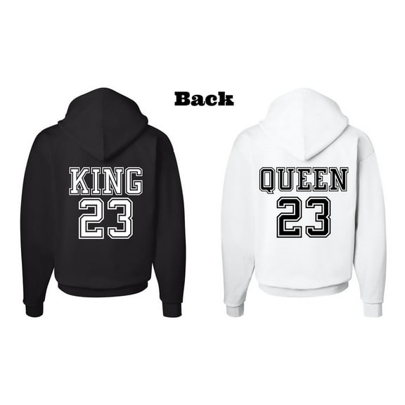 FASCIINO Matching His & Hers Couple Hooded Sweatshirt Set - King White 23 and Queen Black 23 Crowns