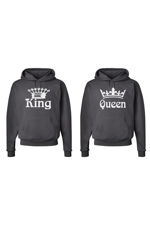 Matching His & Hers Couple Hooded Sweatshirt Set - White King and Queen Crowns