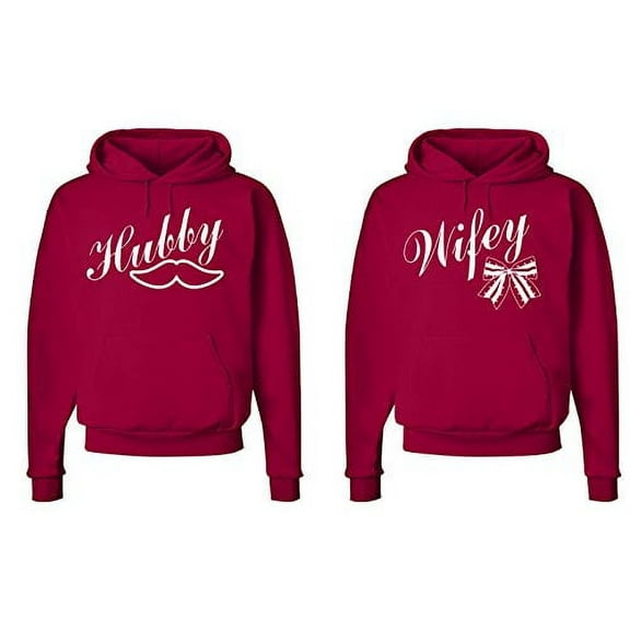FASCIINO Matching His & Hers Couple Sweatshirt Hoodie Set - Hubby Mustache and Wifey Bow