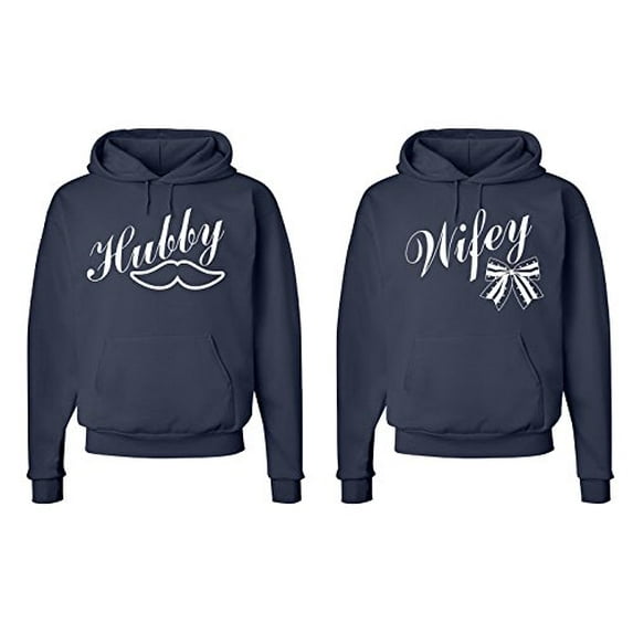 FASCIINO Matching His & Hers Couple Sweatshirt Hoodie Set - Hubby Mustache and Wifey Bow