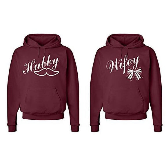 FASCIINO Matching His & Hers Couple Sweatshirt Hoodie Set - Hubby Mustache and Wifey Bow