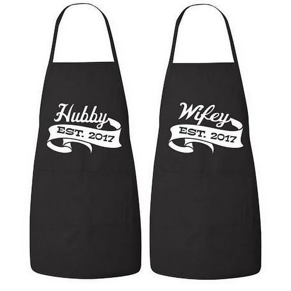 FASCIINO Set of Hubby and Wifey EST. 2017 His and Hers Couples Apron Valentines Wedding Bridal Gift 2pcs