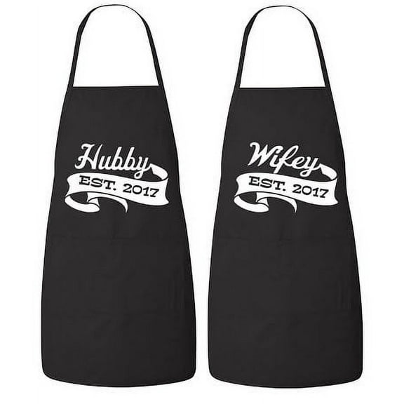 FASCIINO Set of Hubby and Wifey EST. 2017 His and Hers Couples Apron Valentines Wedding Bridal Gift 2pcs