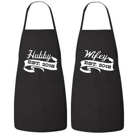 FASCIINO Set of Hubby and Wifey EST. 2018 His and Hers Couples Apron Valentines Wedding Bridal Gift 2pcs